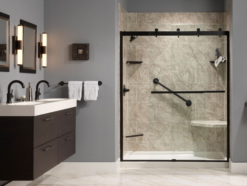 Pompeii-Marble-Roman-Bloock-Matte-Black-Fixtures-1 New shower after renovation