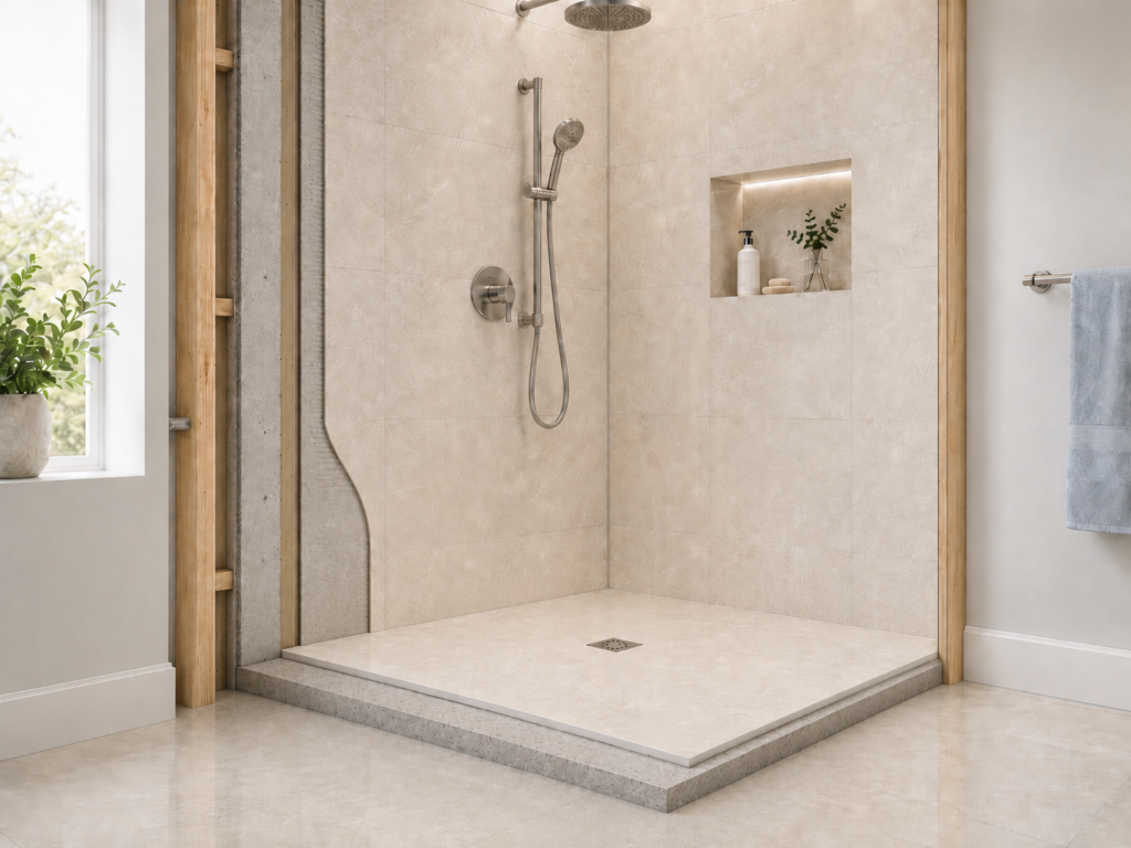Modern shower waterproofing cutaway showing a finished walk-in shower with visible wall layers, shower base, tile surface, and waterproof preparation.