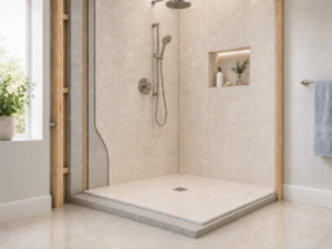 Modern shower waterproofing cutaway showing a finished walk-in shower with visible wall layers, shower base, tile surface, and waterproof preparation.